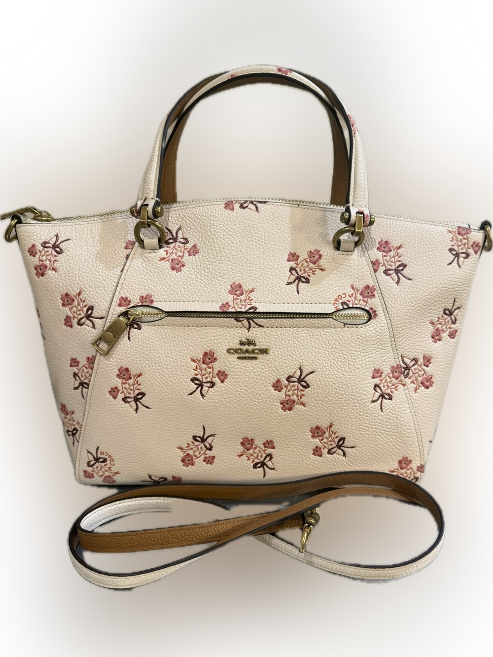 Coach Prairie Satchel in Chalk With Pink Floral Bow Print with Strap EUC 2017
